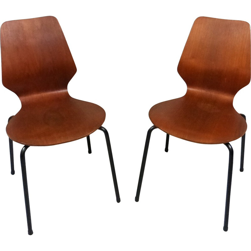 Pair of Danish stackable teak plywood chairs - 1950s