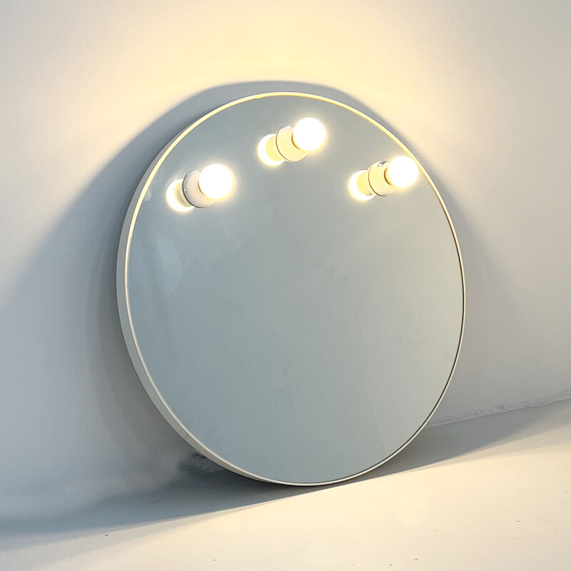 Vintage witte ronde spiegel met verlichting door Gedy, jaren 1970