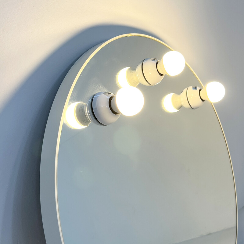 Specchio rotondo bianco vintage con luci di Gedy, anni '70