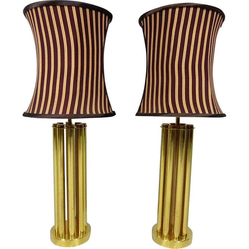 Set of 2 brass table lamps in brown and beige - 1960s