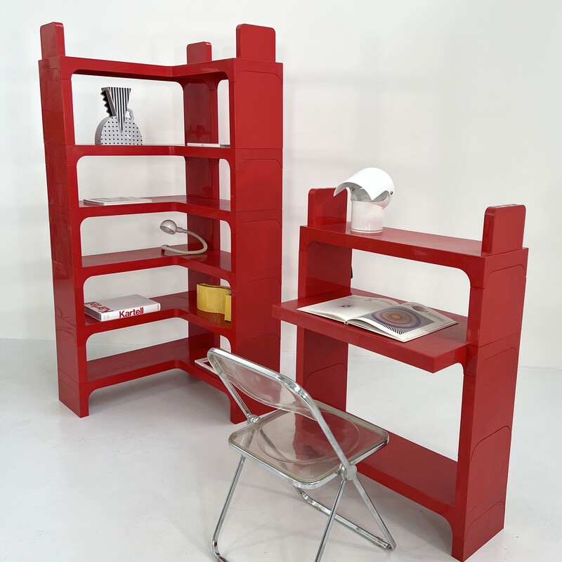 Vintage red modular shelf with desk by Olaf Von Bohr for Kartell, 1970s