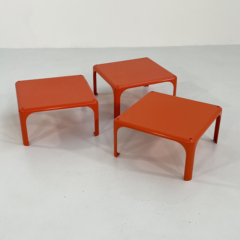Set of 3 vintage orange Demetrio 45 side tables by Vico Magistretti for Artemide, 1970s