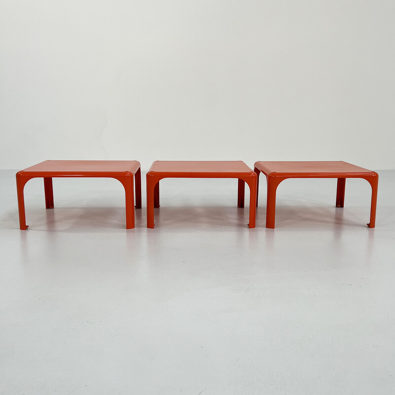 Set of 3 vintage orange Demetrio 45 side tables by Vico Magistretti for Artemide, 1970s