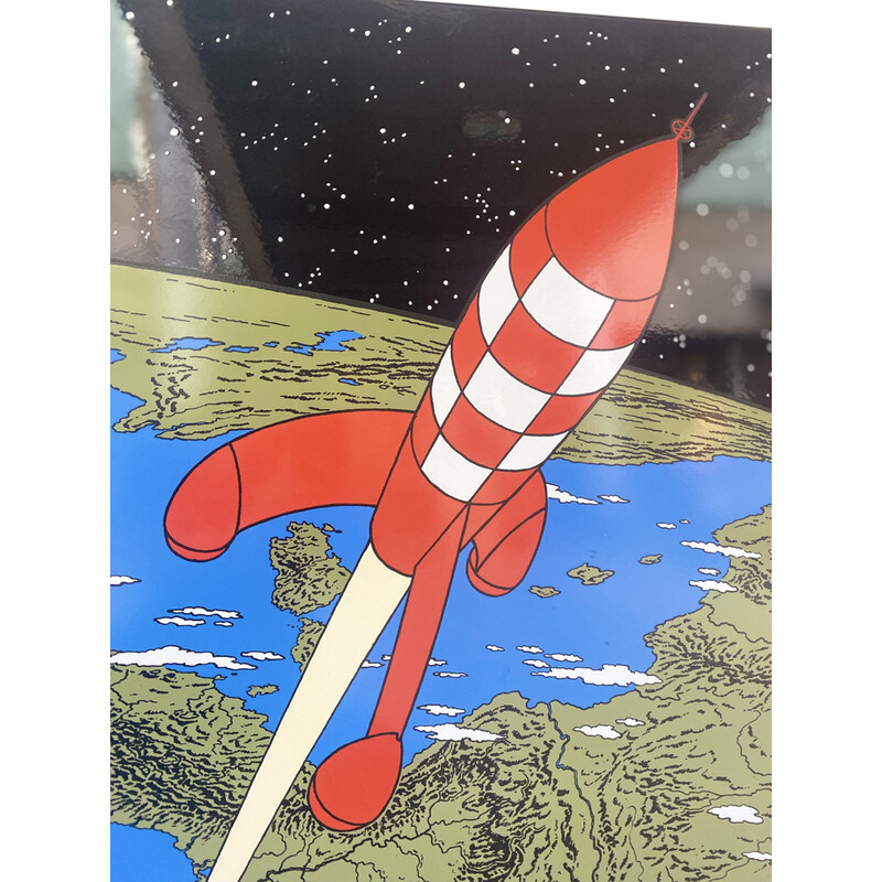 Placa esmaltada de época "El cohete que despega de la tierra" de Hergé, 1985