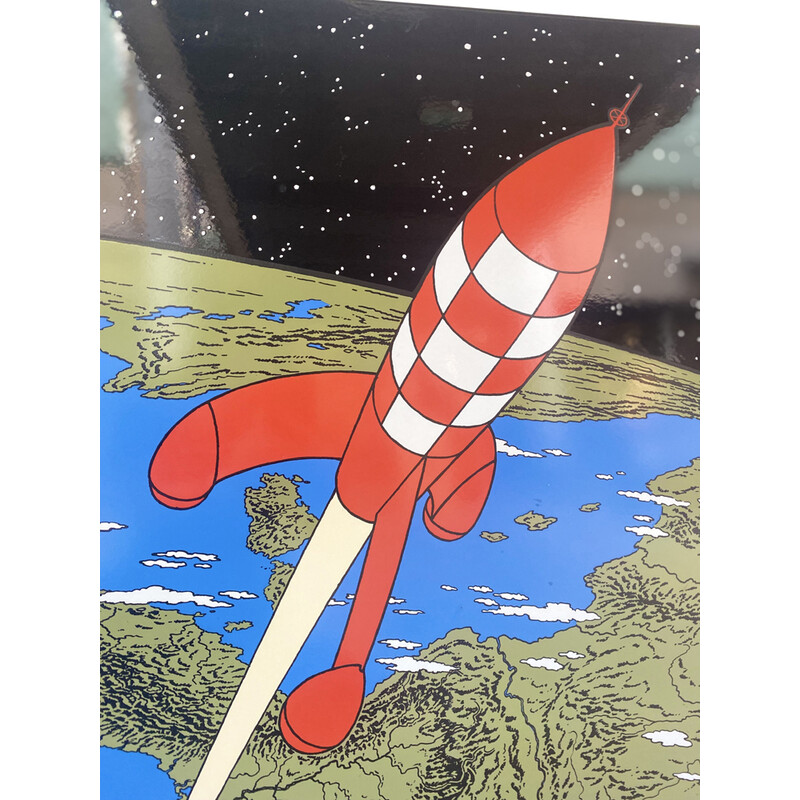 Vintage enamel plaque "The rocket taking off from the earth" by Hergé, 1985