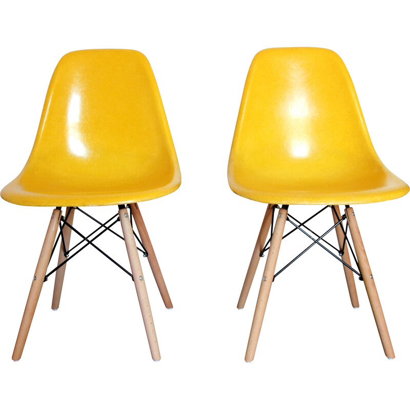 Pair of vintage yellow Dsw chairs by Charles and Ray Eames for Herman Miller