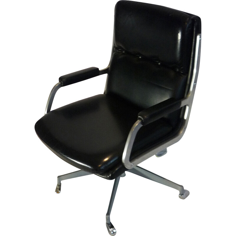 Vintage office armchair in black faux leather and aluminum