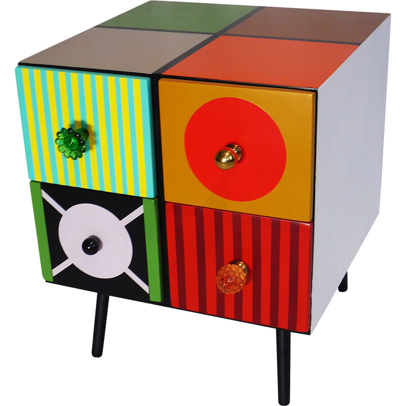 Vintage block unit with 4 compartments in multicolored lacquer