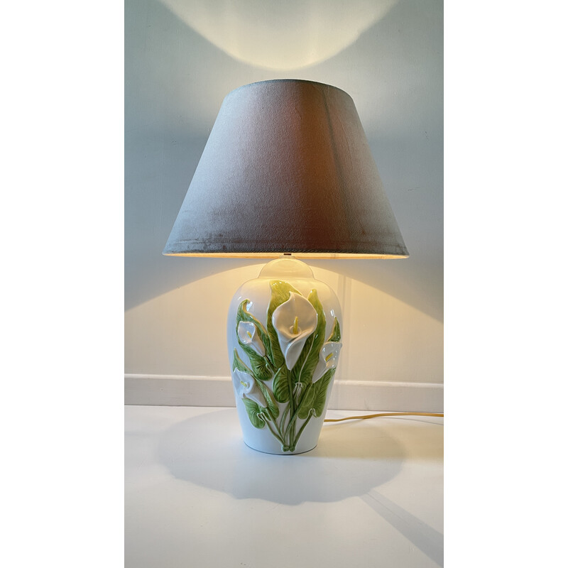 Haan Steken haak Vintage Italiaanse keramische lamp met Arum bloemen, 1980