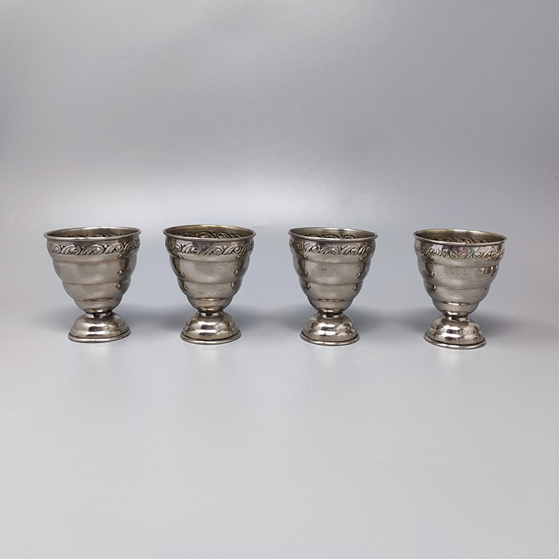 Vintage cocktail shaker set with four glasses in stainless steel, Italy 1950s