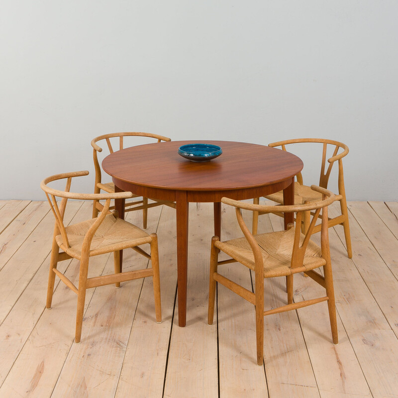Vintage round teak extension table by Henning Kjaernulf, Denmark 1960s