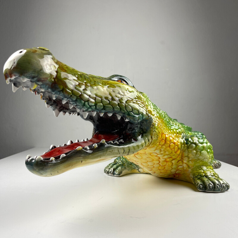 Vintage ceramic sculpture crocodile by Bassano, Italy 1980s