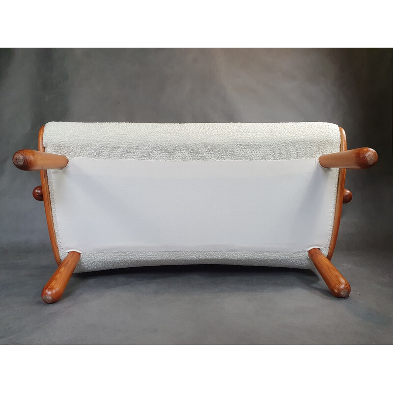 Vintage 2-seater bench in light wood and cream curly fabric by Philip Arctander