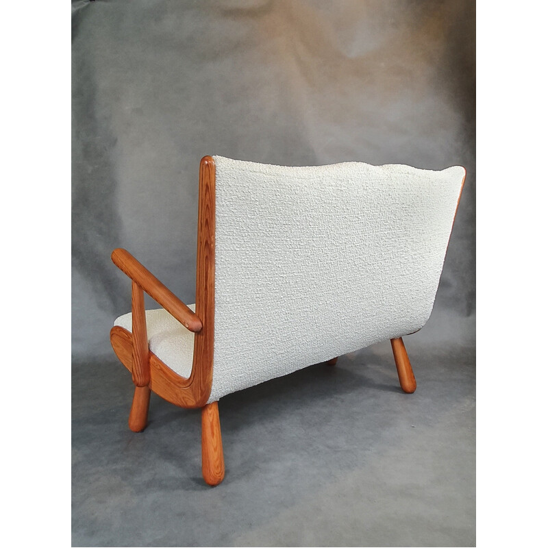 Panca vintage a 2 posti in legno chiaro e tessuto arricciato color crema di Philip Arctander