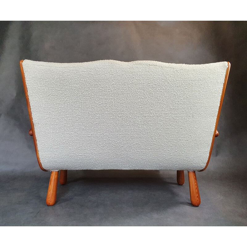 Vintage 2-seater bench in light wood and cream curly fabric by Philip Arctander