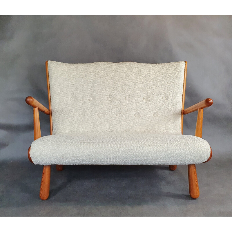 Vintage 2-seater bench in light wood and cream curly fabric by Philip Arctander