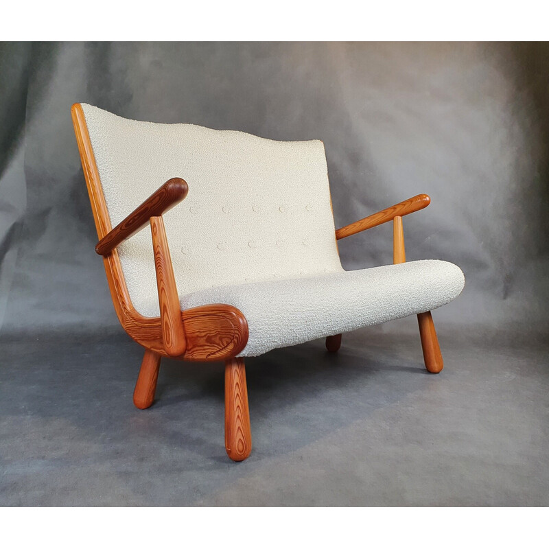 Vintage 2-seater bench in light wood and cream curly fabric by Philip Arctander