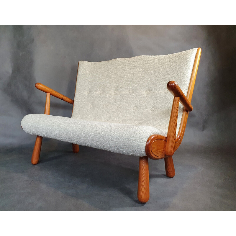 Vintage 2-seater bench in light wood and cream curly fabric by Philip Arctander