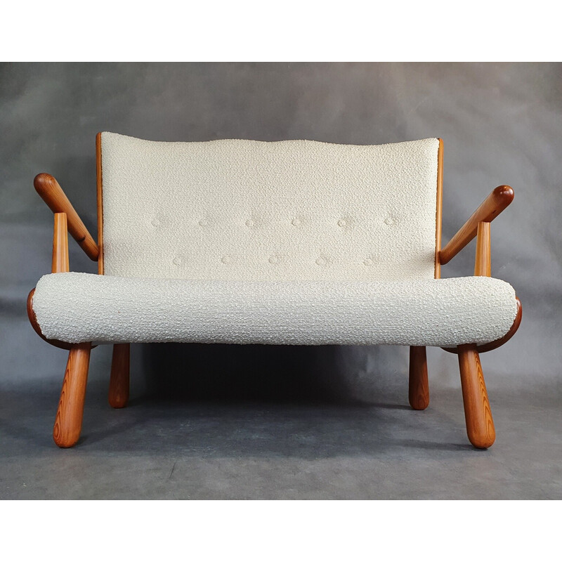 Vintage 2-seater bench in light wood and cream curly fabric by Philip Arctander