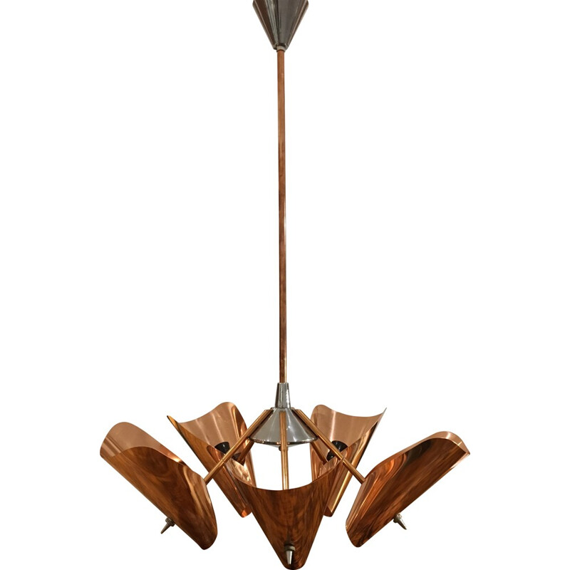 Drupol copper and chrome-plated steel five-armed chandelier - 1960