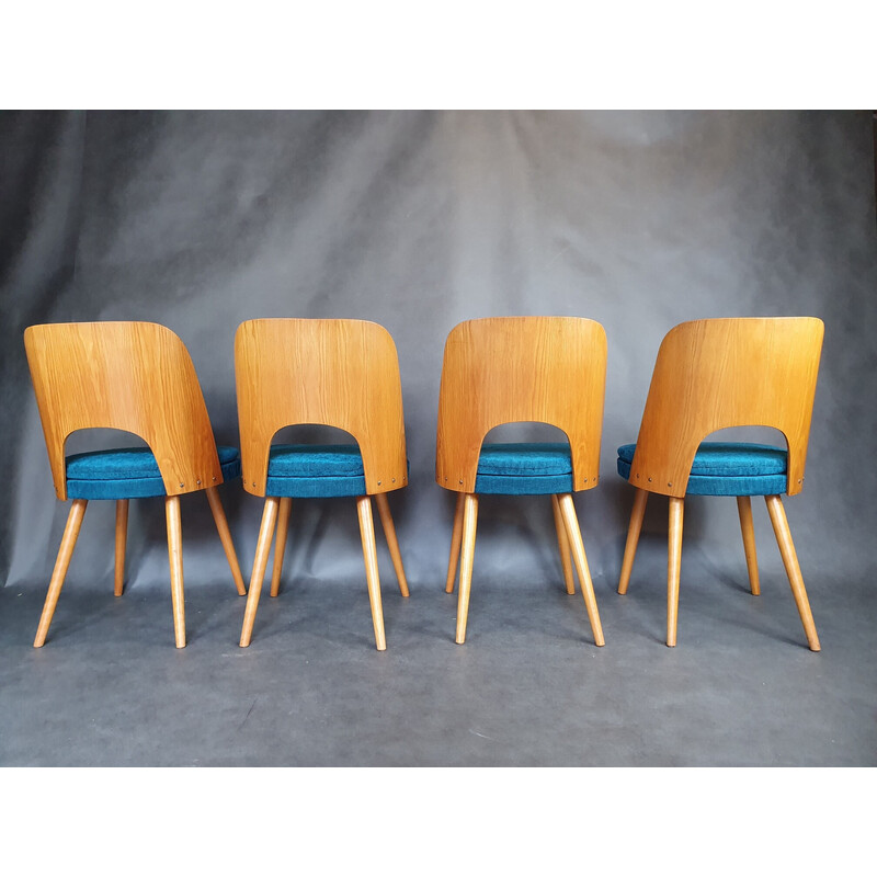 Satz von 4 Vintage-Stühlen aus Eschenholz und jeansblauem Stoff von Oswald Haerdtl für Tatra, 1960