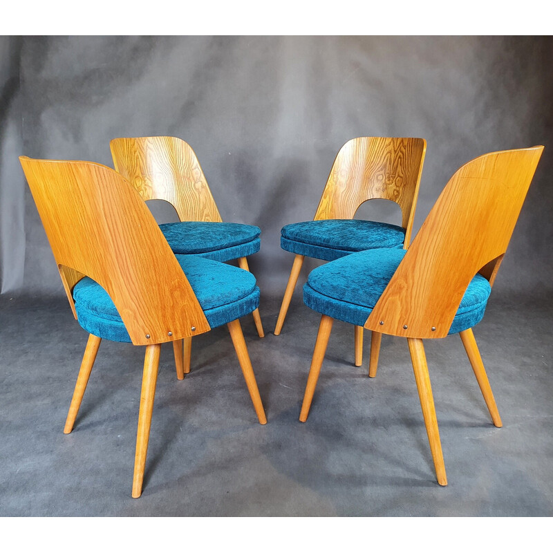 Lot de 4 chaises vintage en frêne et tissu bleu denim par Oswald Haerdtl pour Tatra, 1960