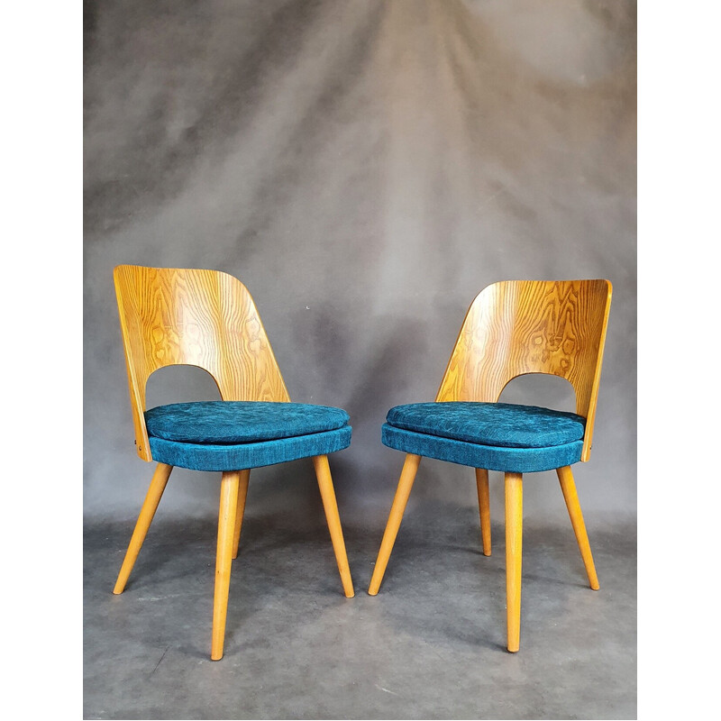 Set of 4 vintage ashwood and blue denim chairs by Oswald Haerdtl for Tatra, 1960