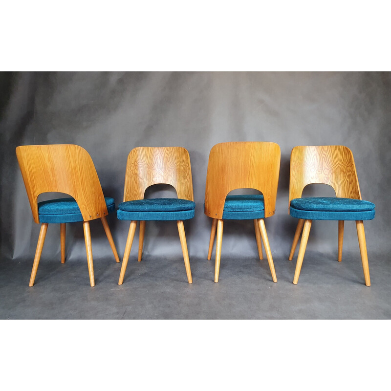 Set of 4 vintage ashwood and blue denim chairs by Oswald Haerdtl for Tatra, 1960