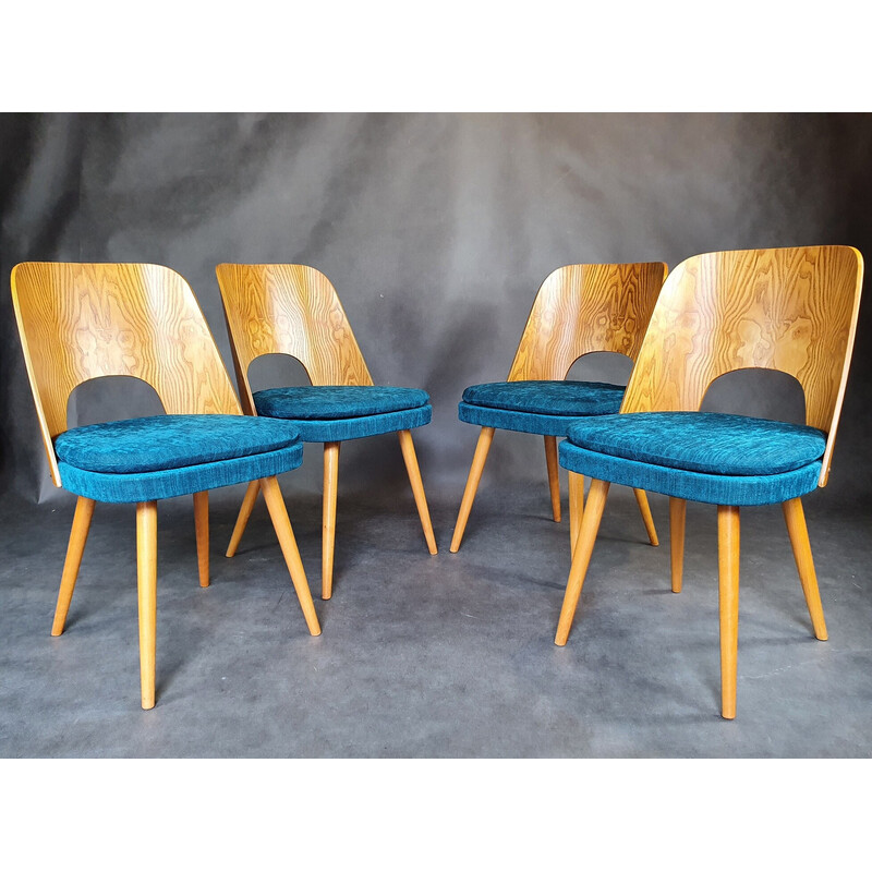 Lot de 4 chaises vintage en frêne et tissu bleu denim par Oswald Haerdtl pour Tatra, 1960