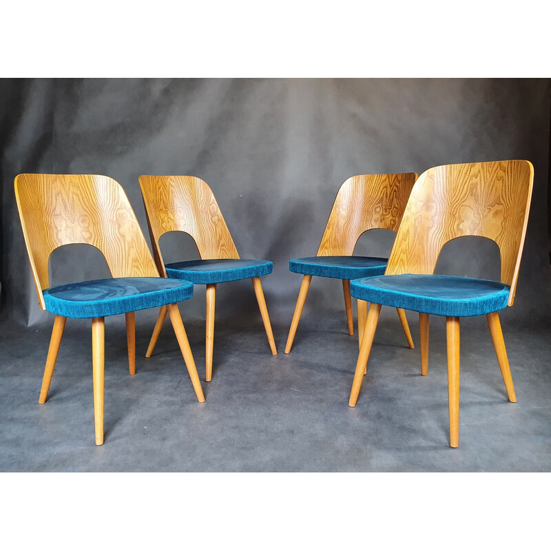 Satz von 4 Vintage-Stühlen aus Eschenholz und jeansblauem Stoff von Oswald Haerdtl für Tatra, 1960