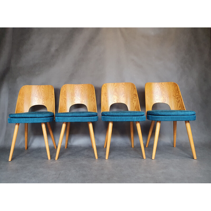 Set of 4 vintage ashwood and blue denim chairs by Oswald Haerdtl for Tatra, 1960