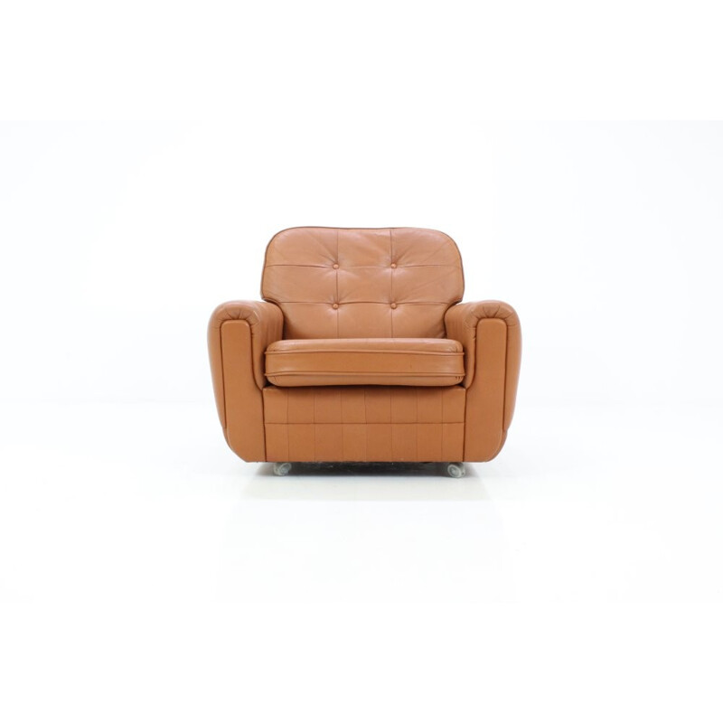 Hellbrauner Vintage-Sessel aus Leder mit Rollen - 1970