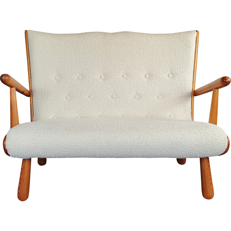 Vintage 2-seater bench in light wood and cream curly fabric by Philip Arctander