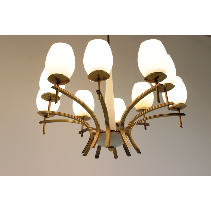 Mid-Century Brass and Opaline Glass Chandeliers - 1960s