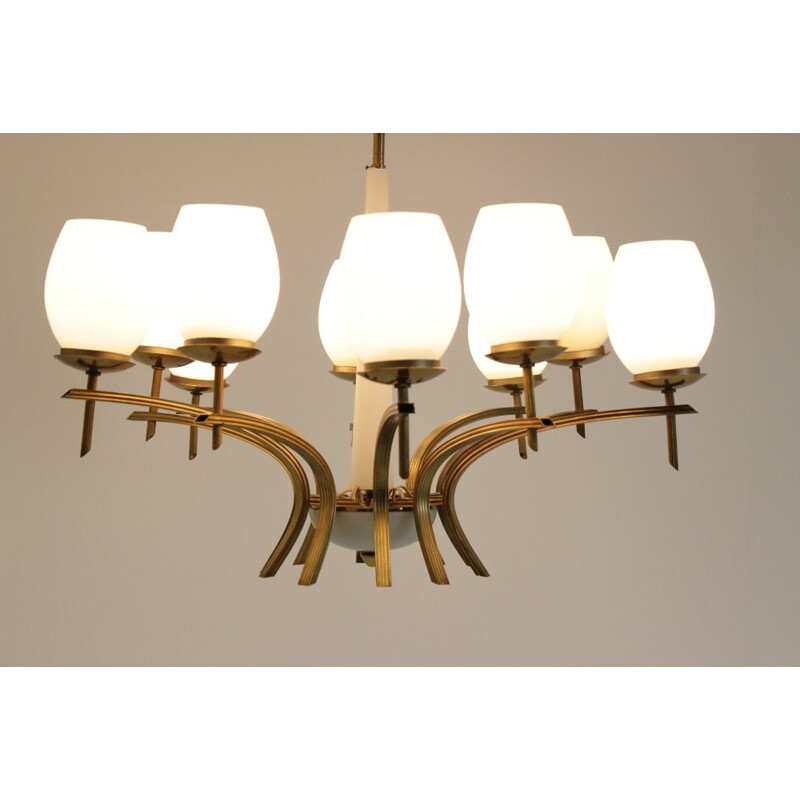 Mid-Century Brass and Opaline Glass Chandeliers - 1960s