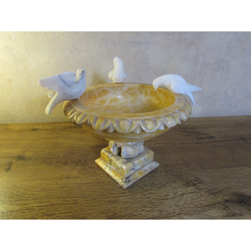 Vintage bird bath with three birds in alabaster