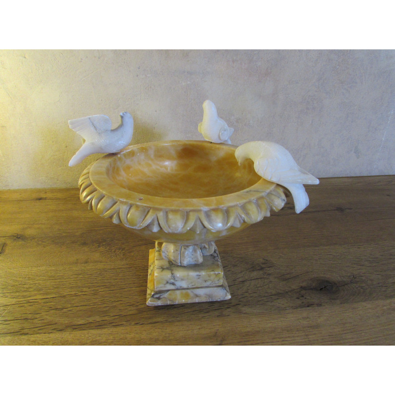 Vintage bird bath with three birds in alabaster