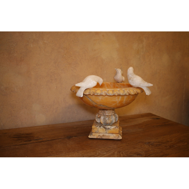 Vintage bird bath with three birds in alabaster