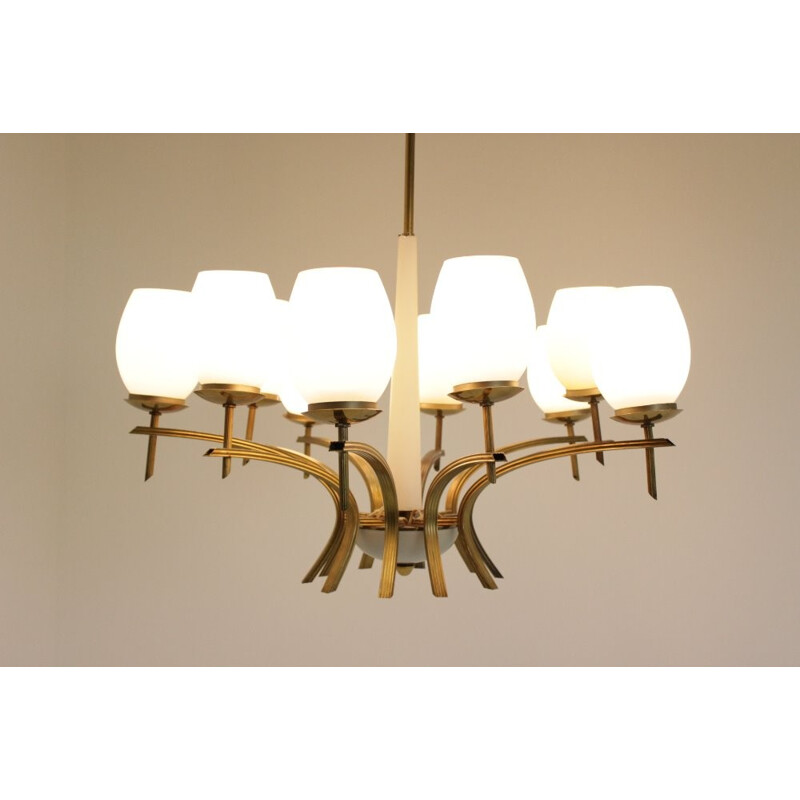 Mid-Century Brass and Opaline Glass Chandeliers - 1960s