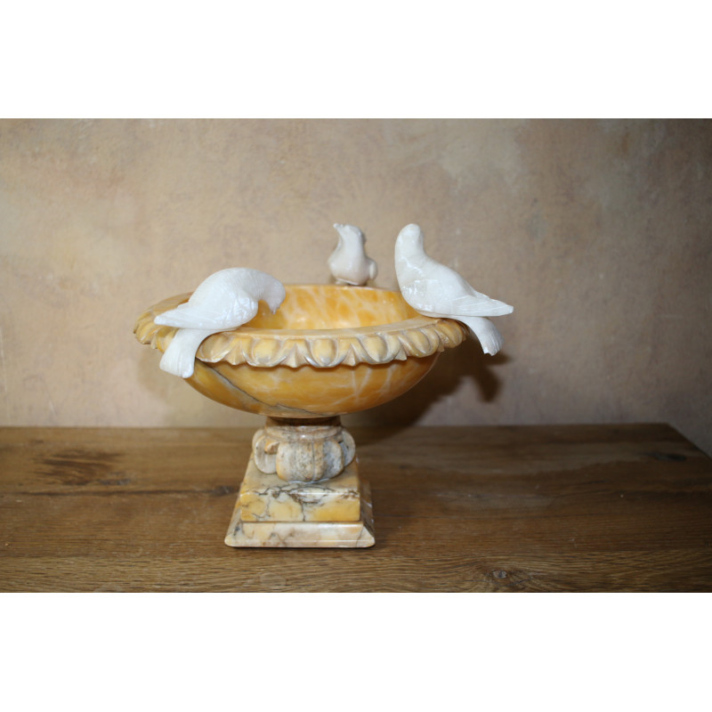 Vintage bird bath with three birds in alabaster