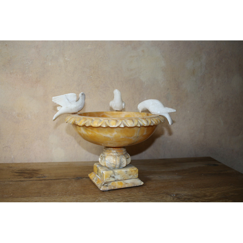 Vintage bird bath with three birds in alabaster