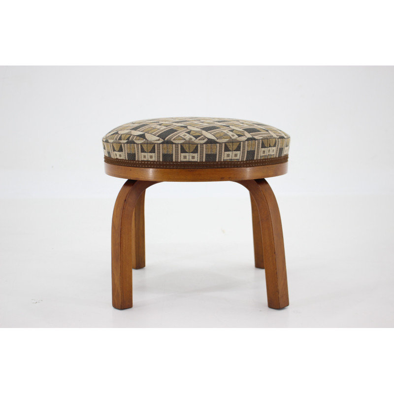 Tabouret vintage Fischel en bois de hêtre avec tissu Backhausen ,Tchécoslovaquie 1930