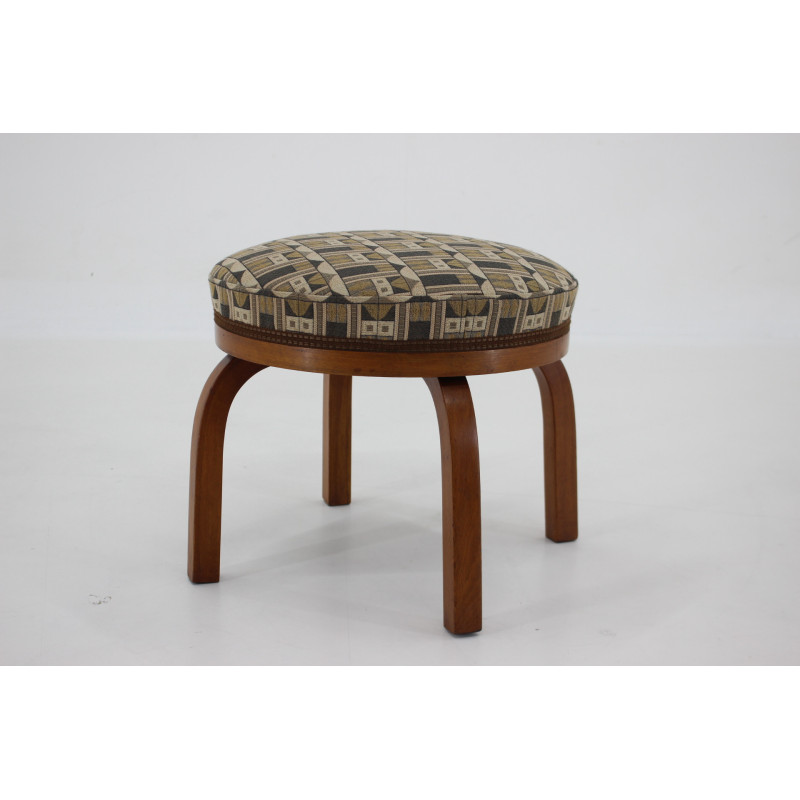 Fischel Vintage Hocker aus Buchenholz mit Backhausen Stoff ,Tschechoslowakei 1930