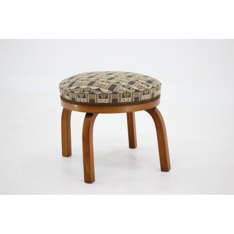 Tabouret vintage Fischel en bois de hêtre avec tissu Backhausen ,Tchécoslovaquie 1930