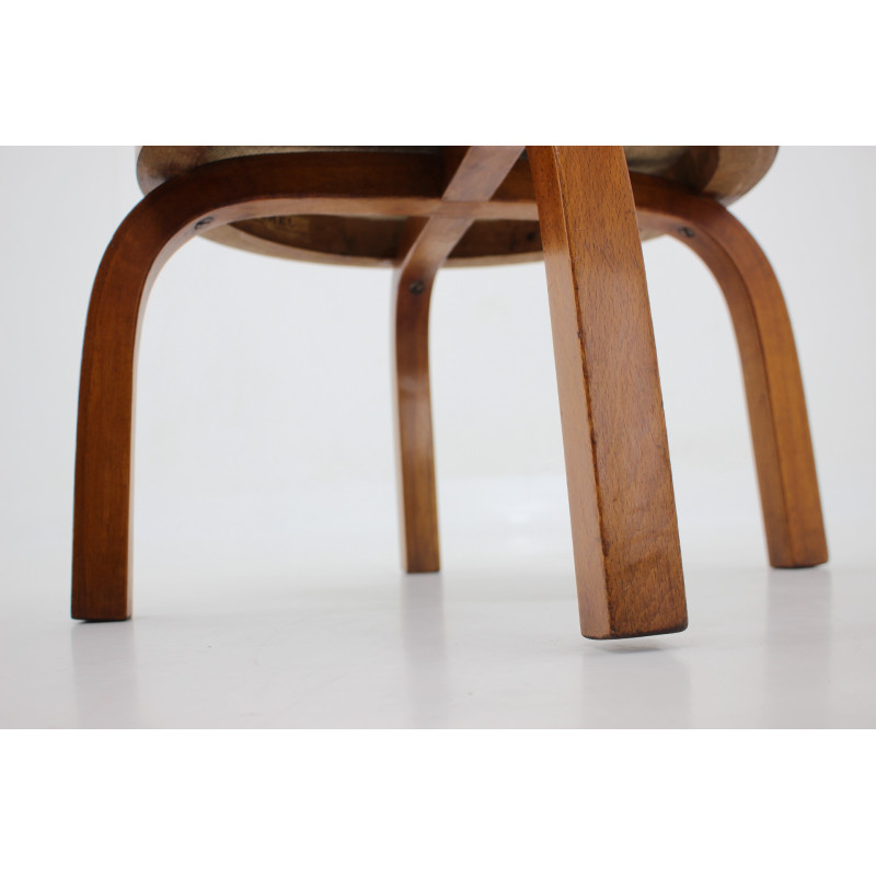 Tabouret vintage Fischel en bois de hêtre avec tissu Backhausen ,Tchécoslovaquie 1930