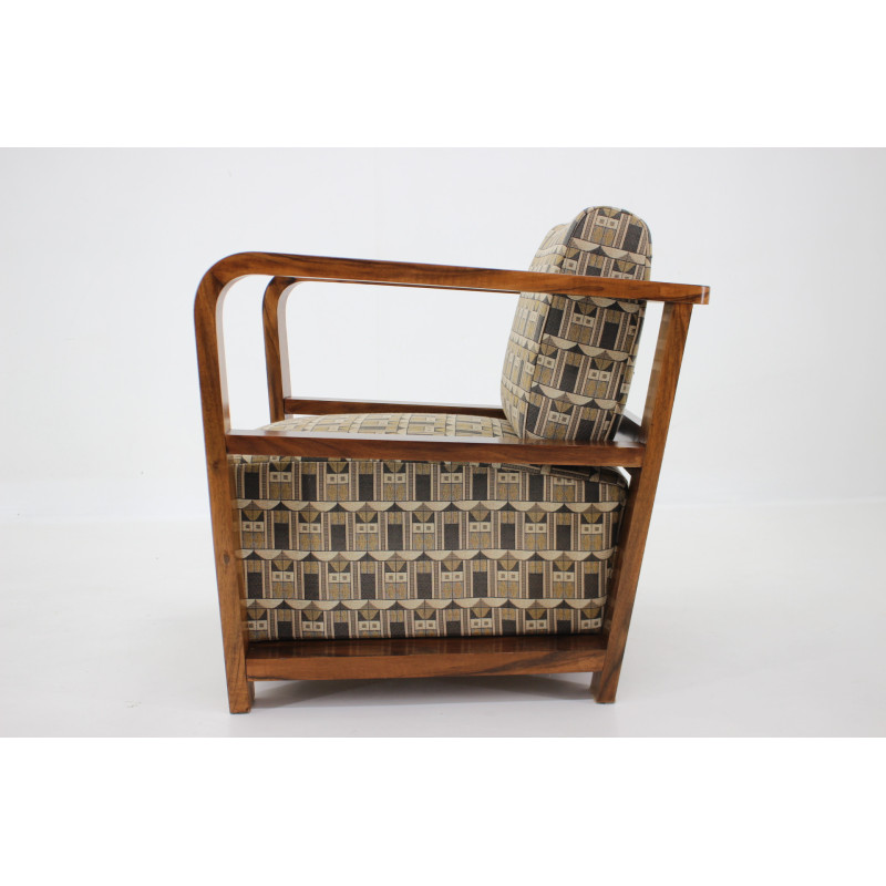Vintage Art Deco fauteuil in walnoot en Backhausen stof, Tsjechoslowakije 1930