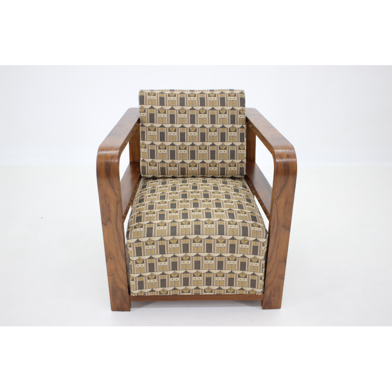Vintage Art Deco armchair in walnut and backhausen fabric, Czechoslovakia 1930s
