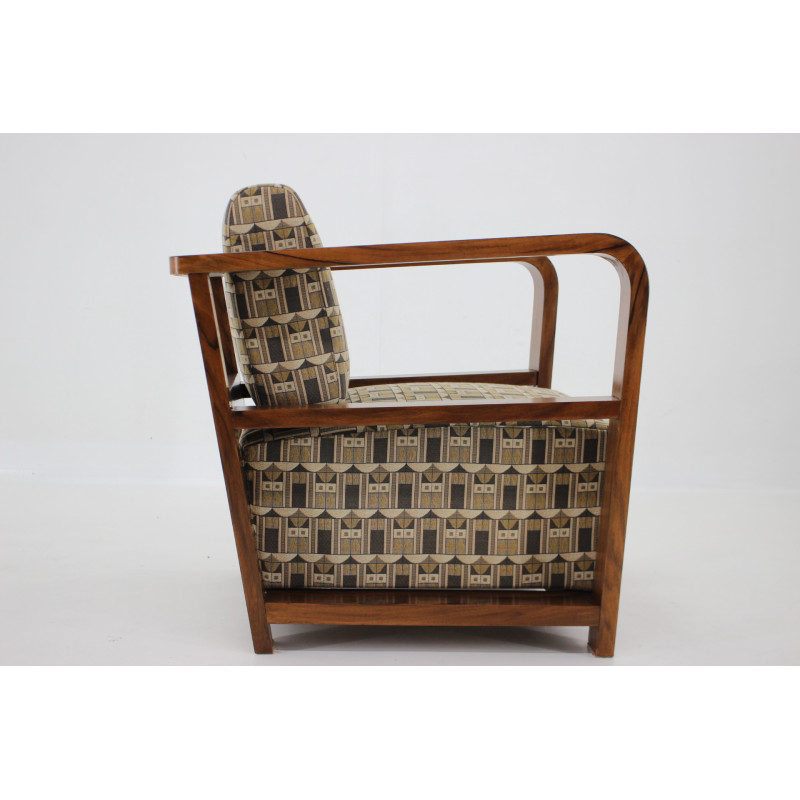 Vintage Art Deco fauteuil in walnoot en Backhausen stof, Tsjechoslowakije 1930