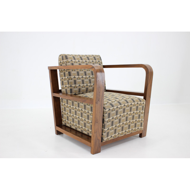 Vintage Art Deco armchair in walnut and backhausen fabric, Czechoslovakia 1930s