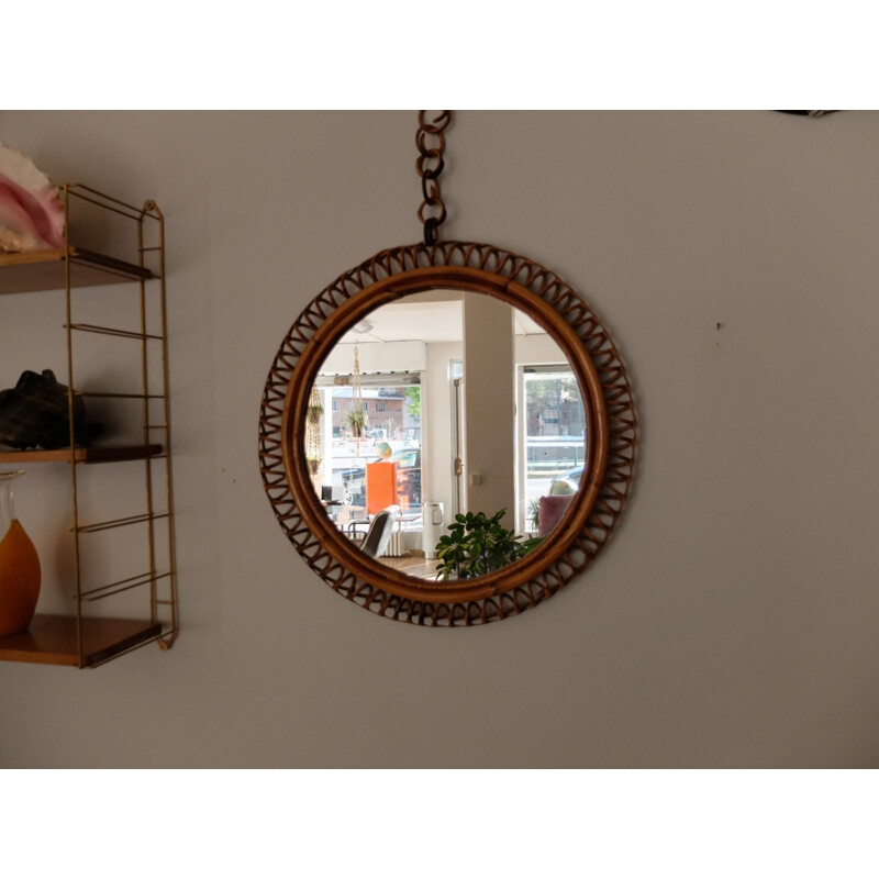 Rattan and velvet mirror with spiral border - 1940s